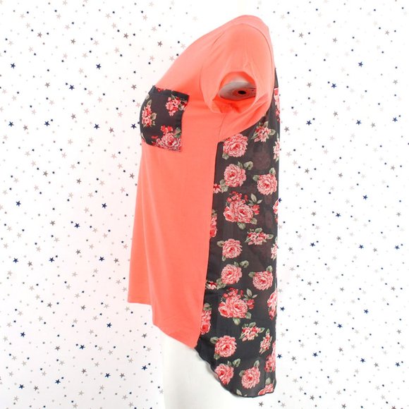 Floral Print Back Top Tee Neon Coral - Picture 4 of 7